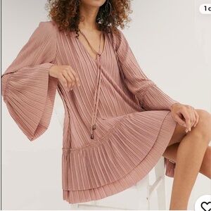 Free People Dusty Rose Pleated Long Sleeve Dress